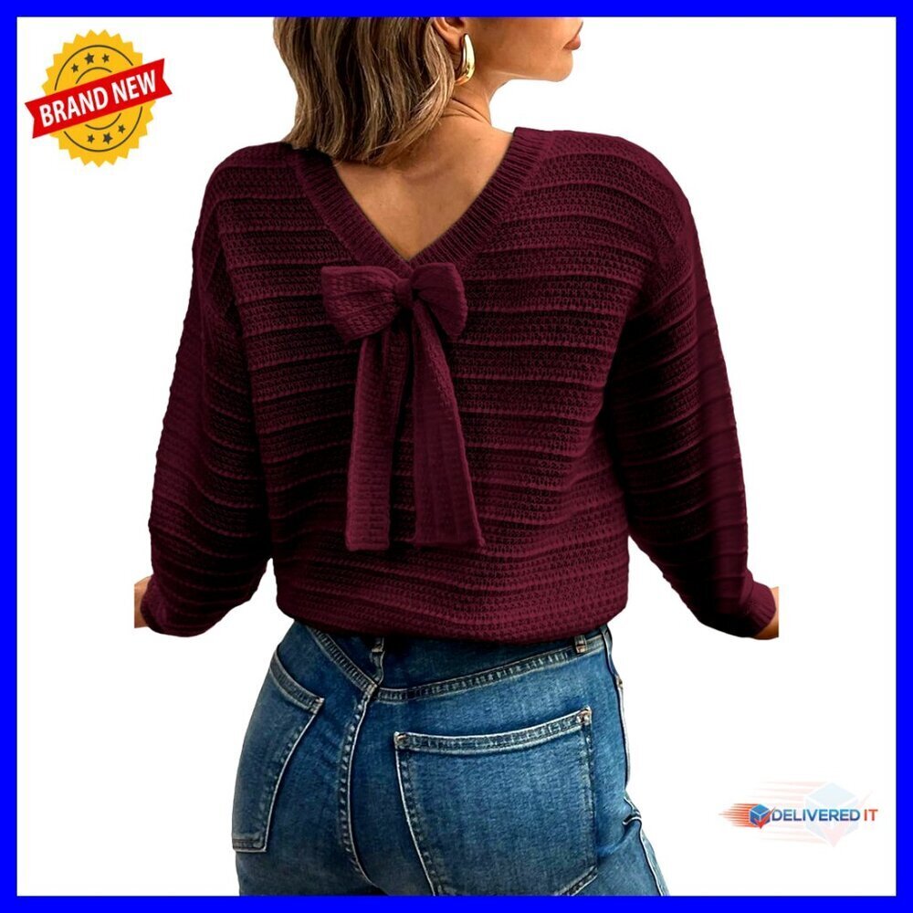 Long Sleeve Pullover Sweater Back Bow Knot Round Neck Knit Top Chic